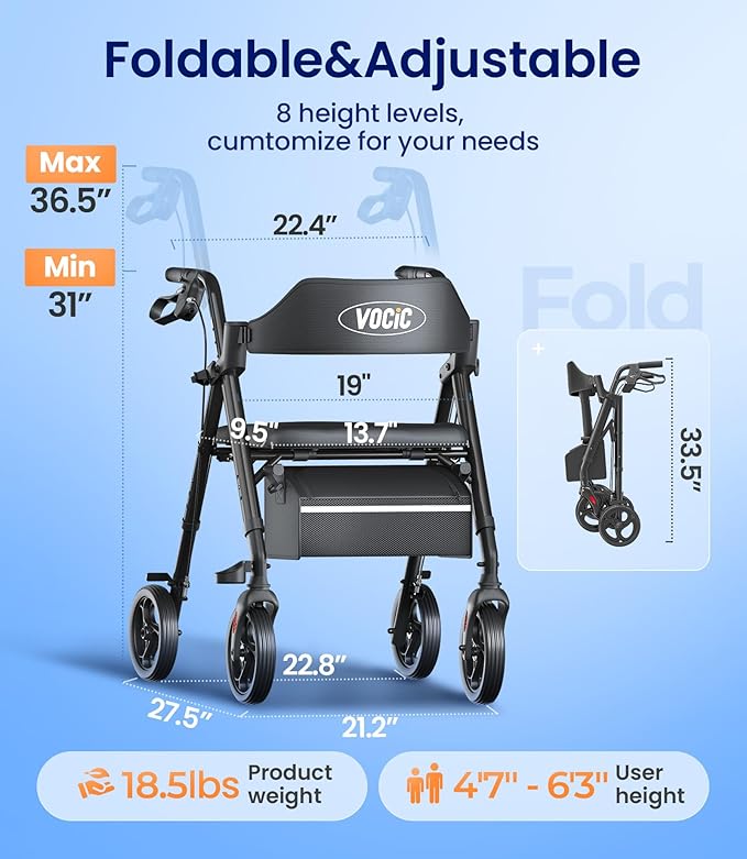 VOCIC Walkers for Seniors, Z21 Rollator Walker with Seat Supports 350lb, 8" Big Wheels for All Terrain, Ergonomic Arc Seat & 6" Ultra Backrest Foldable Walker, Dual Height Adjustment, Lightweight 2025