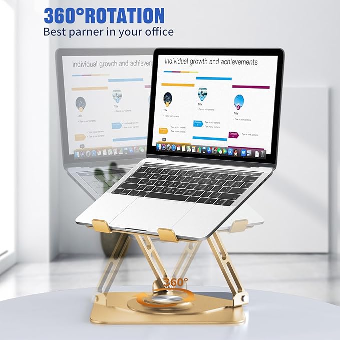 Laptop Stand for Desk, Adjustable Computer Stand with 360° Rotating Base, Ergonomic Laptop Riser for Collaborative Work, Foldable & Portable Laptop Stand, fits for All 10-16" Laptops (Gold)