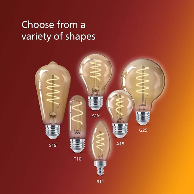 Philips LED Vintage Flicker-Free Amber Spiral A19, Dimmable, Eyecomfort Technology, 400 Lumen, Amber Light(2000K), 6.5W:60W, Title 20 Certified, E26 Base, 2-Pack (565796)