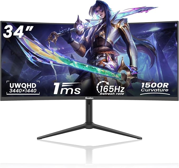 34 Inch UWQHD Curved Gaming Monitor,165Hz 3440x1440 Ultrawide PC Monitor 1500R,21:9 Display,PIP/PBPm,HDR400,4000:1 Contrast,Tilt/Swivel/Height Adjustment,HDMI2.0 & DP1.4