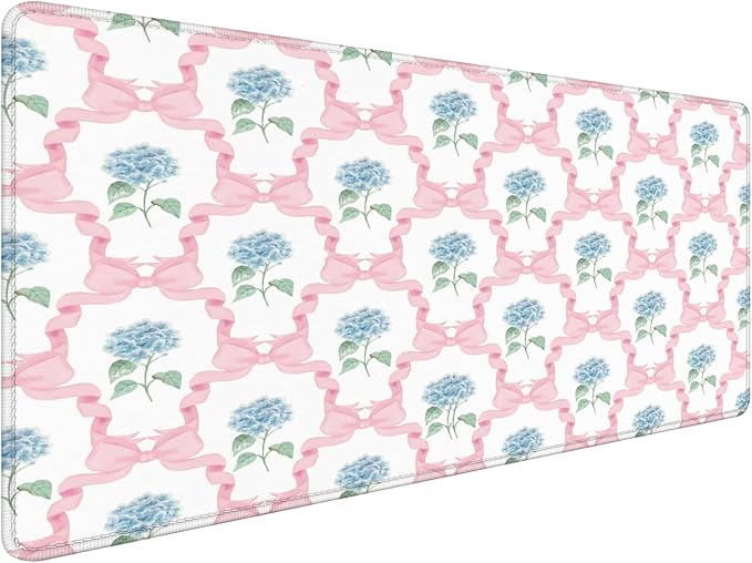 Blue Hydrangea Large Mouse Pad 31.5x15.7inch, Trendy Coquette Pink Bow Flower Aesthetic Large Extended Computer Desk Mat Mousepad for Keyboard and Mouse, Preppy Desk Accessories