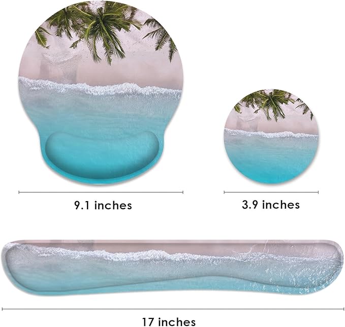 Britimes Blue Ocean Mouse Pad 3pcs Set with Wrist Support Non-Slip Rubber Base Ergonomic Pad, Summer Beach Mouse Wrist Cushion Support and Coasters for Home Office Gaming Easy Typing