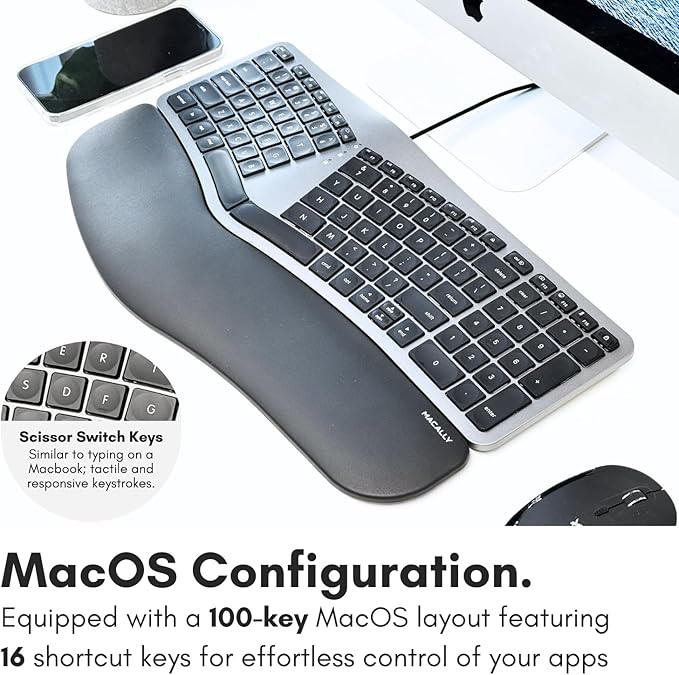 Macally Wired Ergonomic Keyboard for Mac - Compatible Backlit Apple Keyboard with Wrist Rest (Curved for Comfort) for MacBook Pro/Air, iMac, Mac mini