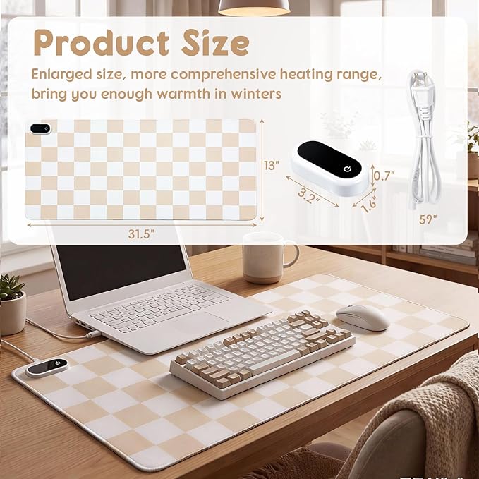 Konohan Heated Large Desk Mat PU Leather Cute Warm Mouse Pad with 5 Heating Level & 4 Hour Auto Shut-off Heating Keyboard Pad Warmer Gaming Mice Mat Only Supports 110v(beige checkerboard, 31.5" X 13")