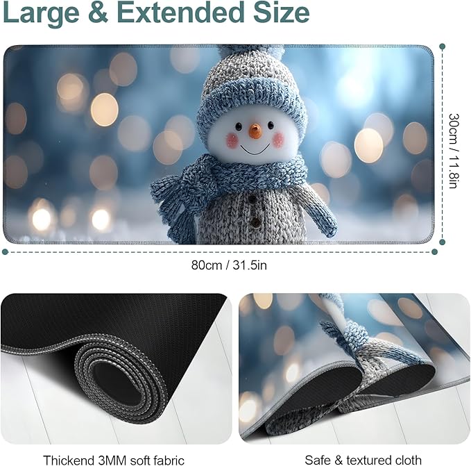 Christmas Snowman Extended Gaming Mouse Pad 31.5x11.8inches Large Desk Mat Anti-Slip Rubber Base & Durable Stitched Edges for Gamers Smooth Mouse Writing Surface for Desk Office/Home
