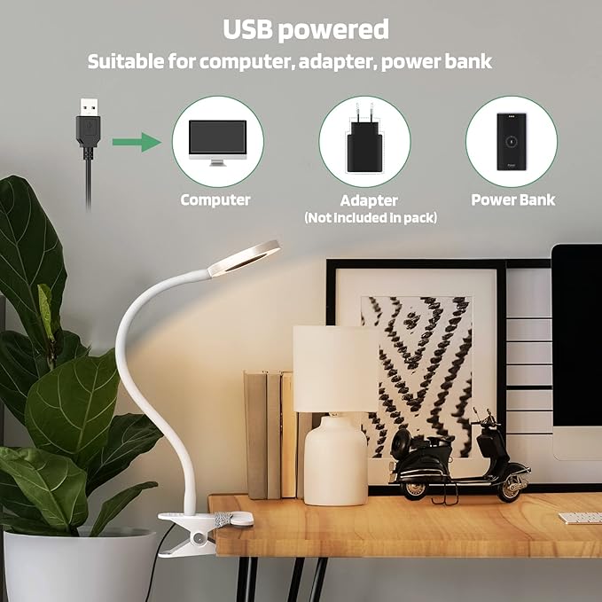 GLORIOUS-LITE LED Clip on Light, 36 LED Eye-Caring Reading Lamp for Dorm Room, 360° Flexible Gooseneck with 4 Color Modes, Dimmable Book Light for Bed, Desk, Headboard, Computer (White)