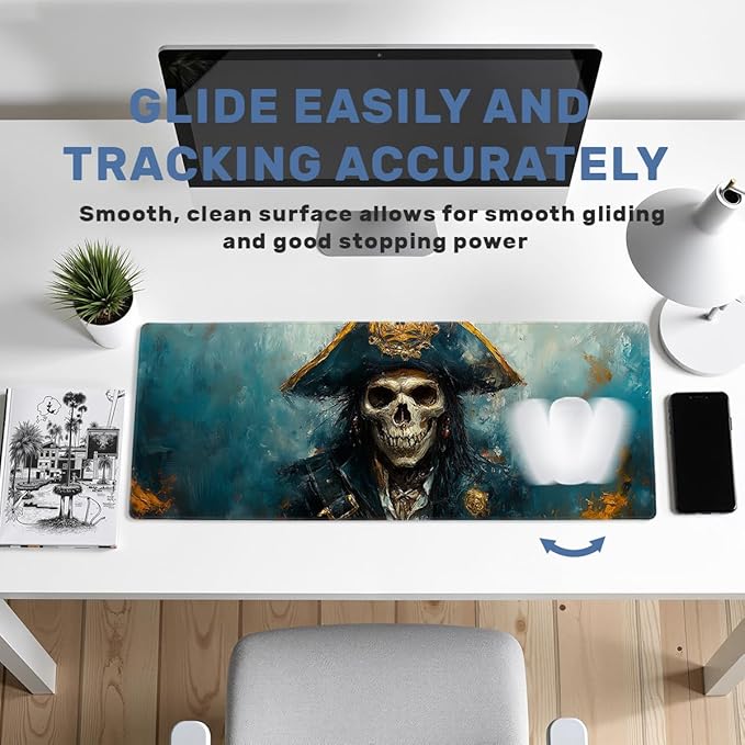 Ghost Gaming Mouse Pad Large Desk Mat Skeleton Pirate Naval Captain Skull Mousepads Computer Keyboard Pad Mouse Mat Laptop Mat 31.5 x 11.8 Mouse Pads for Desk Home Office Gaming