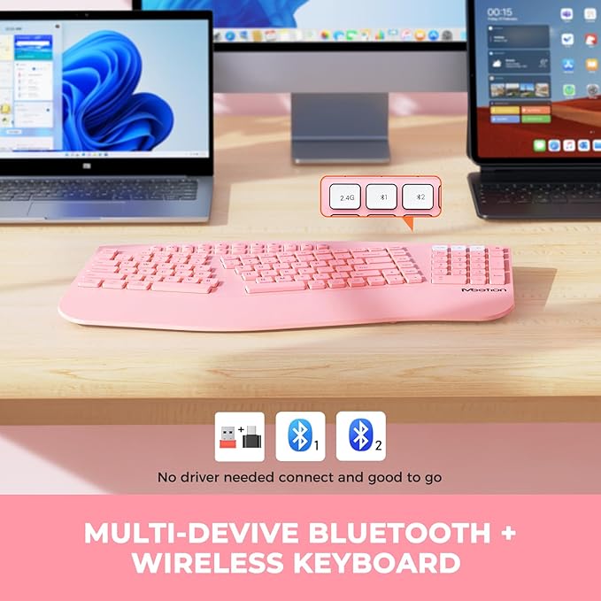 MEETION Ergonomic Keyboard Wireless, Multi-Device Bluetooth Keyboard, Wrist Rest for Natural Typing, Full-Sized Rechargeable Split Computer Keyboards, for Windows/Mac/PC/Laptop/Ta