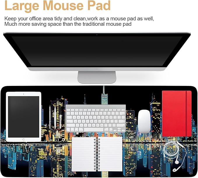 Large Mouse Pad & Keyboard Mat 35x16 Inches, Modern City Nightscape with Neon Lights Non-Slip Rubber Base Desk Mat, Large Extended Desk Protector for Home Office Gaming Setup