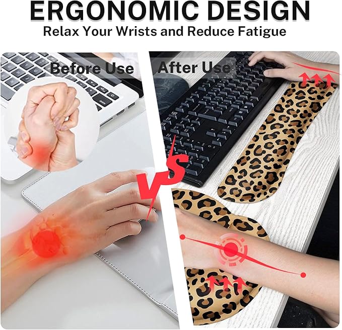 Arttown Leopard Desk Mat Brown and Black Leopard Print Mouse Pad Set 4 in 1 Ergonomic Design Large Mouse Pad + Keyboard Wrist Rest + Mouse Wrist Rest + Coaster Suitable for Home Office Study Game