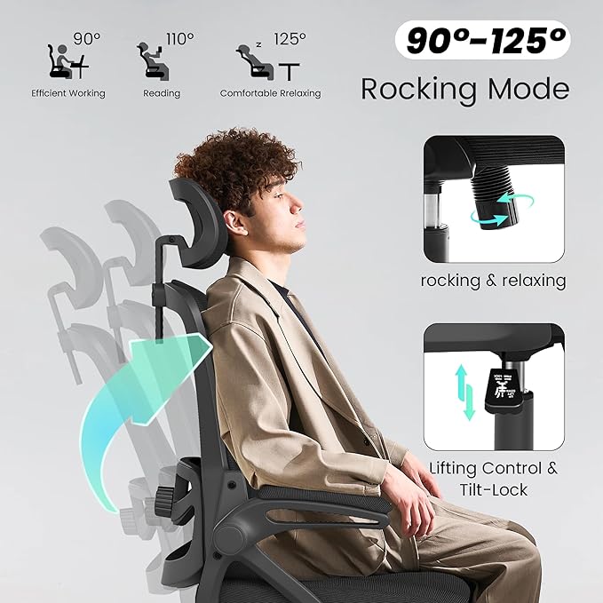 Fizzin Office Chair, Ergonomic Office Chair with High Back Mesh and Adjustable Lumbar Support, Home Mesh Office Desk Chairs with Wheels, Comfortable Gaming Chair for Long Hours (Deep Black)