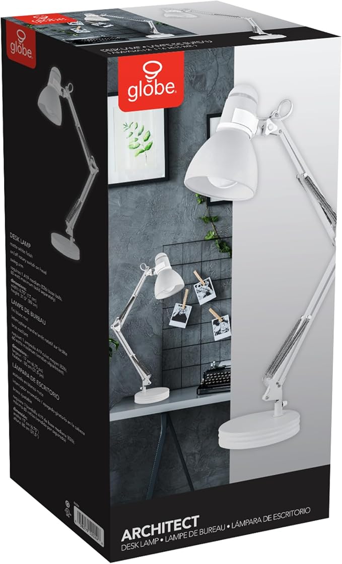Globe Electric 52024 28" Swing Arm Architect Desk Lamp, Matte White, Rotary Switch on Shade, Partially Adjustable Arm, Modern Lighting for Bedroom or Office, Timeless, Indoor Lights