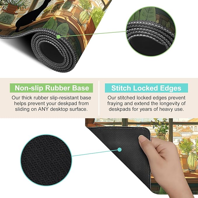 Desk Mat, XXL Extended Gaming Pad for Desktop, 35x16 Inches Cat Lover Kitty in Window with Houseplants, Large Non-Slip Vegan Leather Surface with Stitched Edges, Keyboard Mouse Mat for Home Office