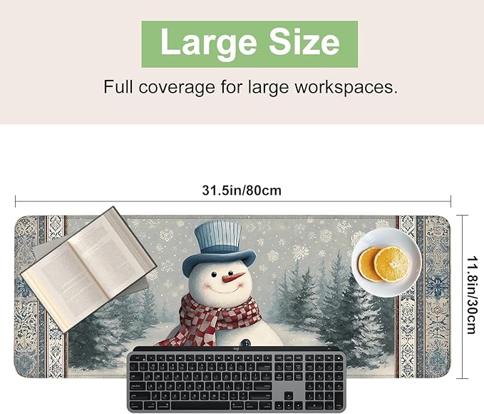 Desk Mat, XXL Extended Gaming Pad for Desktop, 35x16 Inches Winter Snowman in Snowy Forest, Large Non-Slip Vegan Leather Surface with Stitched Edges, Keyboard Mouse Mat for Home Office