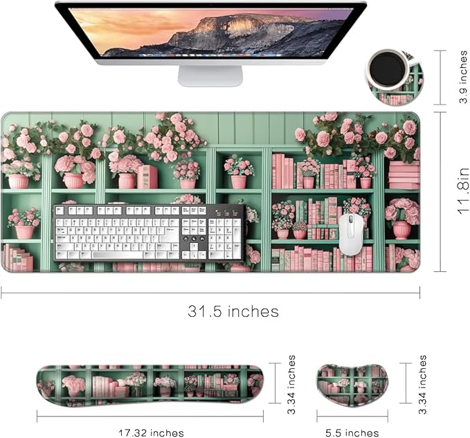MIBITRI Keyboard Mouse Pad Set, Extended Gaming Mouse Pad+Ergonomics Keyboard Wrist Rest Support, Memory Foam, Easy Typing, 4Pcs XXL Ultra Thick Desk Mat, Bookshelf Florals
