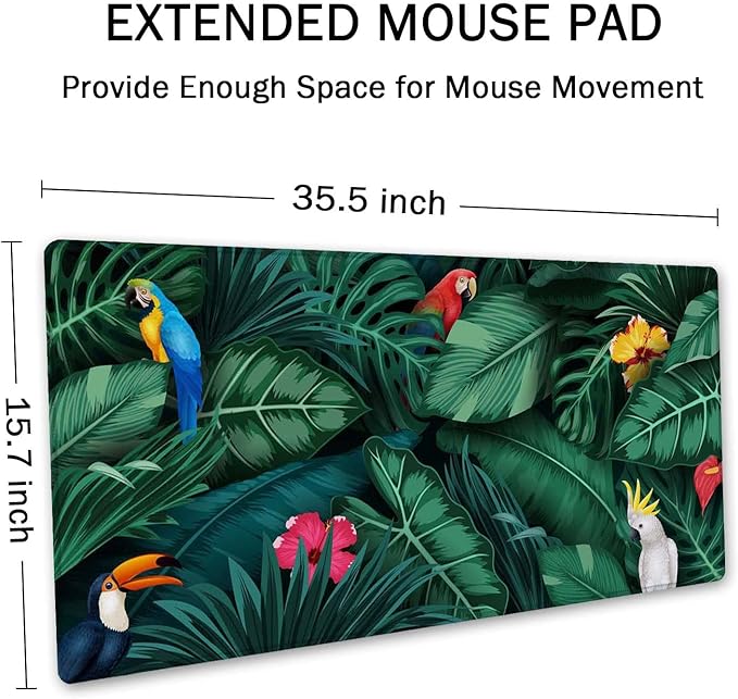 SSOIU Tropical Plants and Birds Large Desk Pad, Extra Large Gaming Mat, Non Slip Rubber Base, Stitched Edges - 35.5" x 15.7" for Work, Game, Office, Home