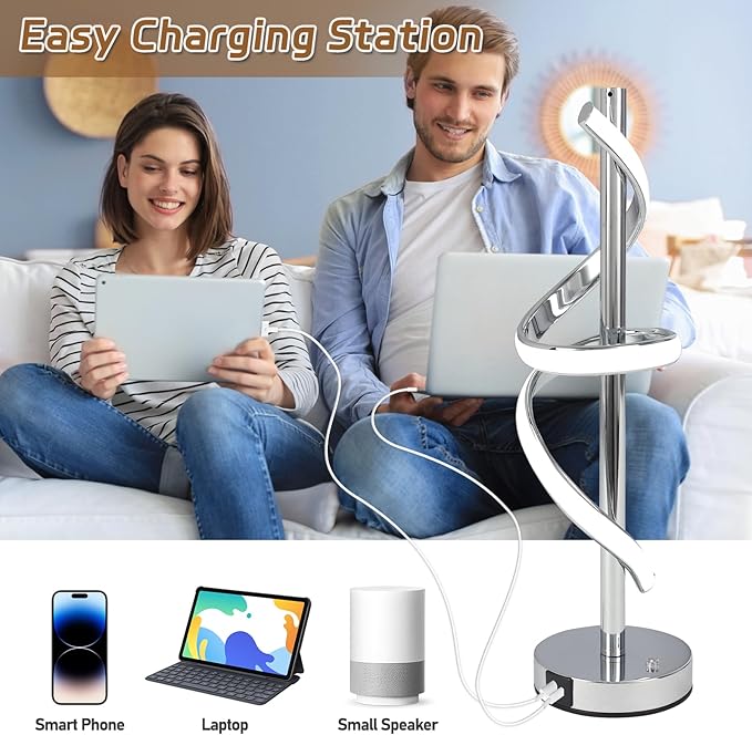 LED Modern Table Lamp, Spiral LED Table Lamp, Dimmable, 3 Colors Touch Control, Silver Unique Cool Lamps for Home Decor, Modern Nightstand Lamp with USB/Type C for Bedroom Living Room