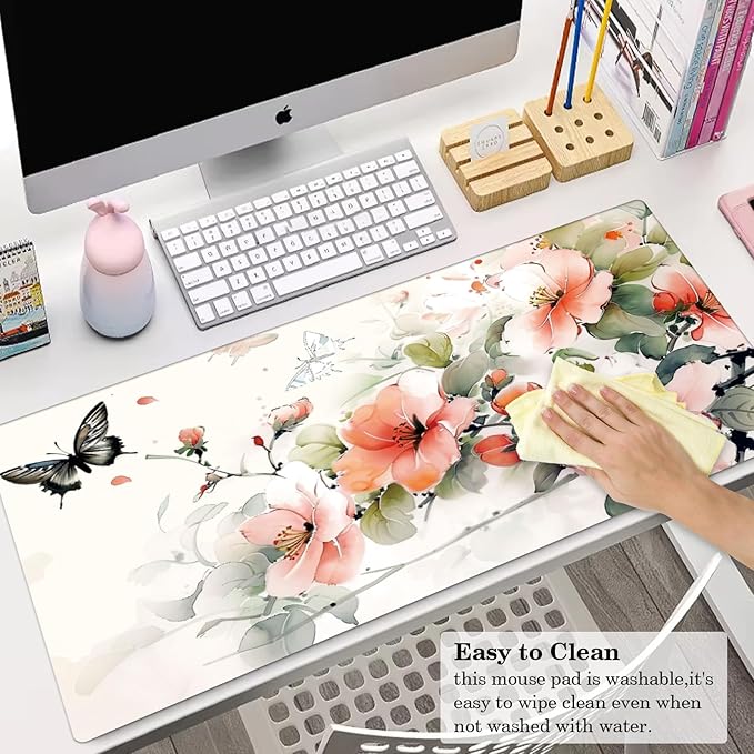 Flower and Butterfly Desk Protector, Stitched Edges Mouse Mat, Large Office Mat, Non-Slip Blotter, Laptop Pad, Writing Pad for Office and Home (31.5" x 15.7")