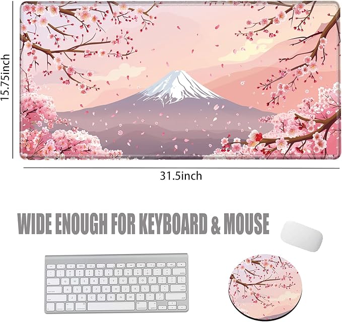 Gaming Mouse Pad Large Mousepad Cherry Blossom Desk Mat XXL Big Desk Pad 31.5x15.75 Rubber Base Pink Sakura Computer Pad with Stitched Edges Mouse Mat for Work Home Office
