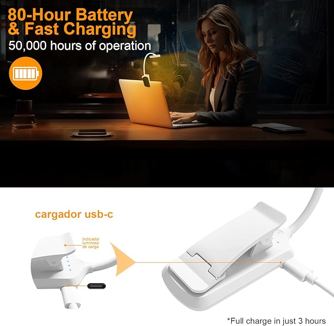 karidi Rechargeable 24 LED Book Light for Reading, 360° Flexible Gooseneck, 5 Color Tones, Clip-on for Books/Tablet/Bed, USB-C, 80H Glare-Free Eye Care (White)