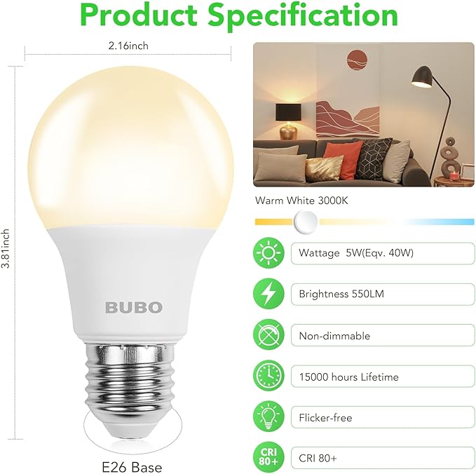BUBO A19 LED Light Bulbs, 40 Watt Equivalent LED Bulbs, Warm White 3000K, 550 Lumens, E26 Standard Base, Non-Dimmable, 5W Warm White LED Bulbs for Bedroom Living Room Home Office, 3 Pack