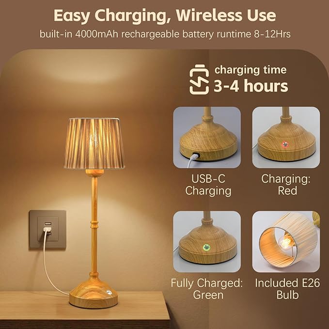 TRRMEZY 17.5" Cordless Touch Bedside Lamp for Bedroom Nightstand Nursery, Battery Operated Rechargeable, 3-Color Dimmable Night Light for Kids Room, Living Room, Desk, End Table, LED Bulb Included