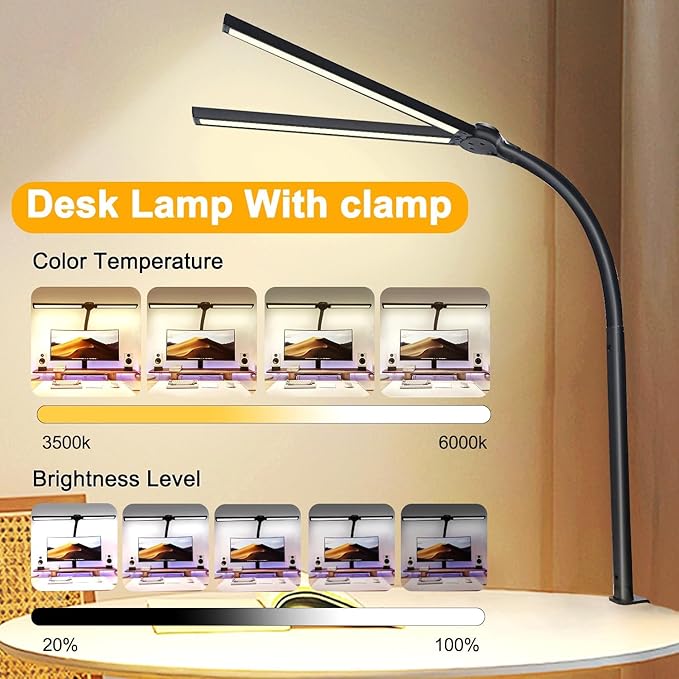 Double Head LED Desk Lamp for Office - Eye Caring Lamp with Clamp, Flexible Adjustable Lighting Gooseneck Desk Light, 4 Color Modes & 5 Brightness Levels for Monitor Workbench Study Reading