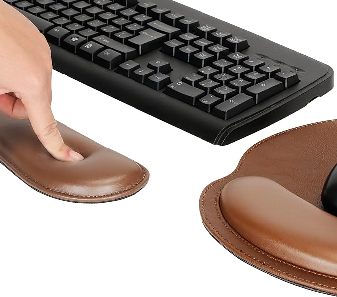 RICHEN Ergonomic PU Leather Keyboard Wrist Rest and Mouse Pad with Wrist Support, Memory Foam Set for Computer/Laptop,Gaming and Office, Comfortable for Easy Typing (PU Brown)