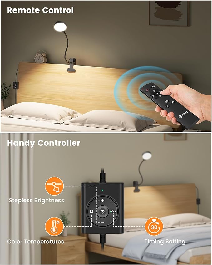 Glocusent 5W Reading Light for Bed, 36 LED Eye Caring Bed Lamp, 3 Colors & 5 Brightness Levels for Headboard with Adapter, Perfect Clip on Light for Reading, Working & Studying (Black with Remote)