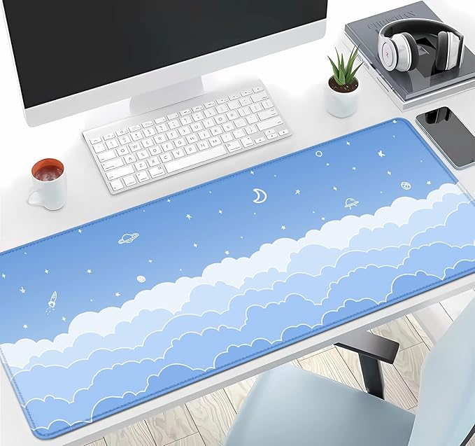 IMAYONDIA Cute Pastel Blue Desk Mat, Aesthetic Stars Moon Desk Pad, Kawaii Anime Deskmat, Gradient White Clouds Computer Pad, Minimalist Large Gaming Mouse Pad Mousepad, 31.5 X 11.8 Inch