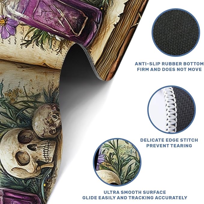 Bookshelf Desk Mat Gaming Mouse Pad Mystic Plants Dark Grimoire Magic Skull Mousepad for Keyboard and Mouse Extra Large Full Desk Computer Pads 31.5 x 11.8 Mouse Pads for Desk Home Office Gaming