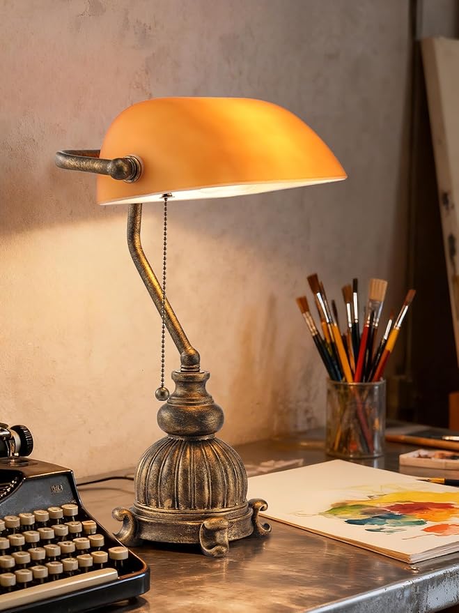 Newrays Retro Amber Glass Bankers Desk Lamp with Pull Chain Switch for Home Office, Library, Plug in Fixture, LED Bulb Included