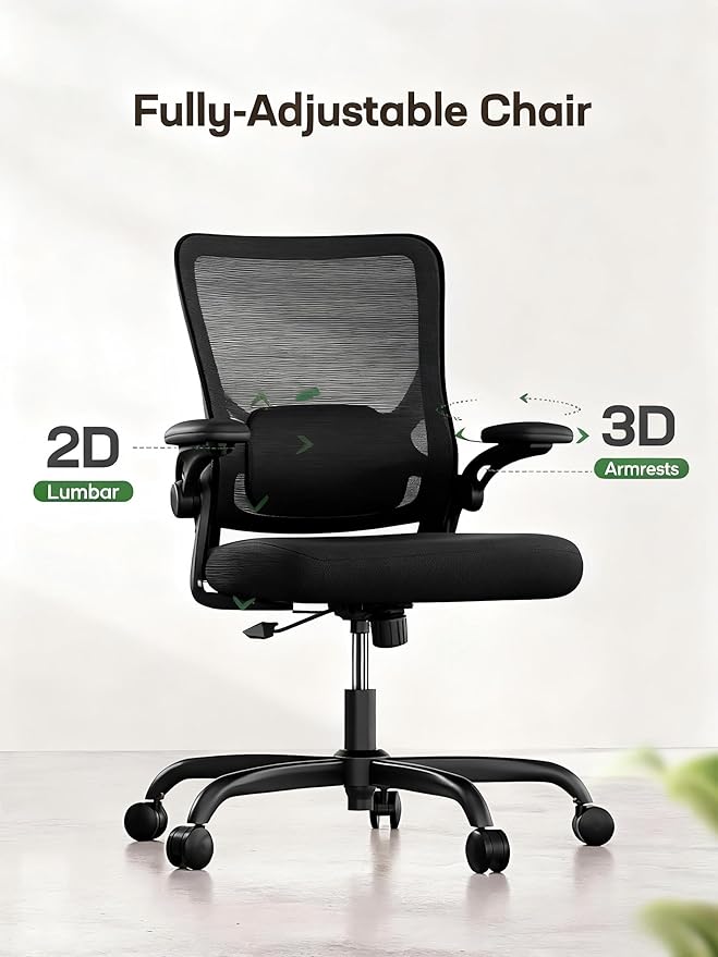 Marsail Ergonomic Office Chair with Adjustable Lumbar Support, 3-Way PU Armrests & Breathable Mesh for Home Office and Gaming