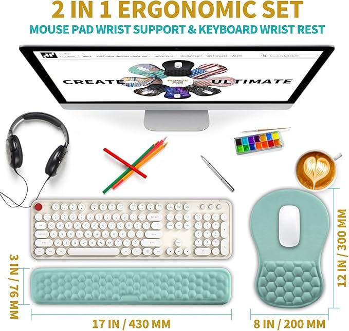 Hokafenle 2 in 1 Ergonomic Mouse Pad Wrist Support & Wrist Rest for Computer Keyboard Set, with Memory Gel Massage Bulge Design (2In1 Set, Light Blue)