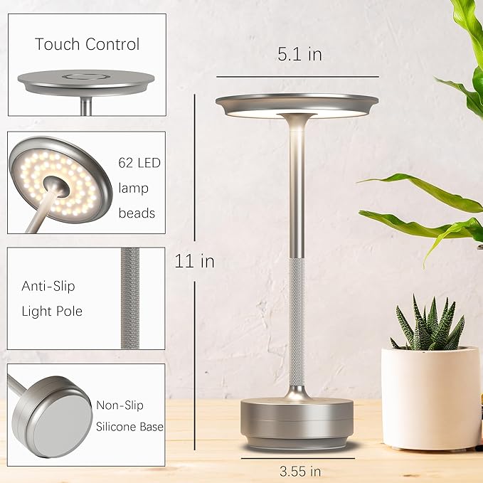 Rechargeable Cordless Table Lamps, 5000mAh Portable LED Table Light, 3 Color Stepless Dimming Battery Powered Metal Table Lamp for Outdoor Patio/Bedroom/Restaurant.(Silver)