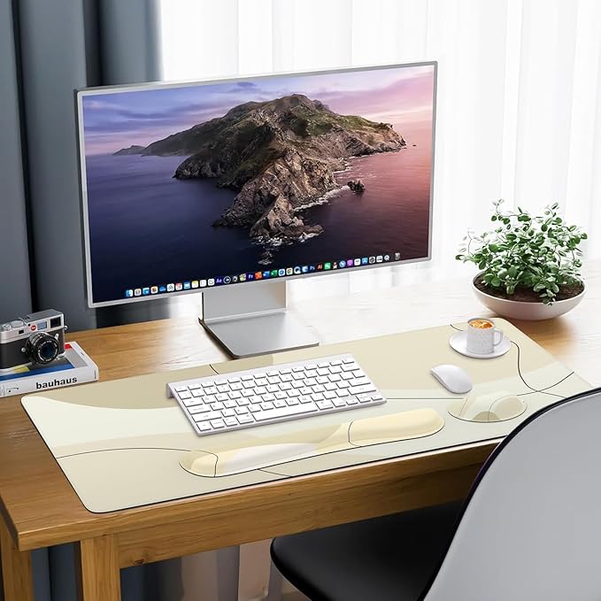 iCasso Extra Large Mouse Pad with Wrist Rest, 3in1 Big Full Desk Mousepad + Keyboard Wrist Rest + Mouse Wrist Rest, Easy Typing & Comfort, Ergonomic XXL Ultra Thick Long Desk Mat (Brown Art)