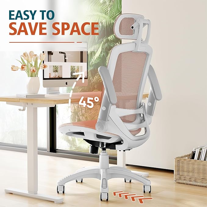 GABRYLLY Ergonomic Office Chair, High Back Home Desk Chair with Headrest, Flip-Up Arms, 90-120° Tilt Lock and Wide Cushion, 300LBS Mesh Chairs for Man Woman, White Task Chair(Pink,GY01WPK)