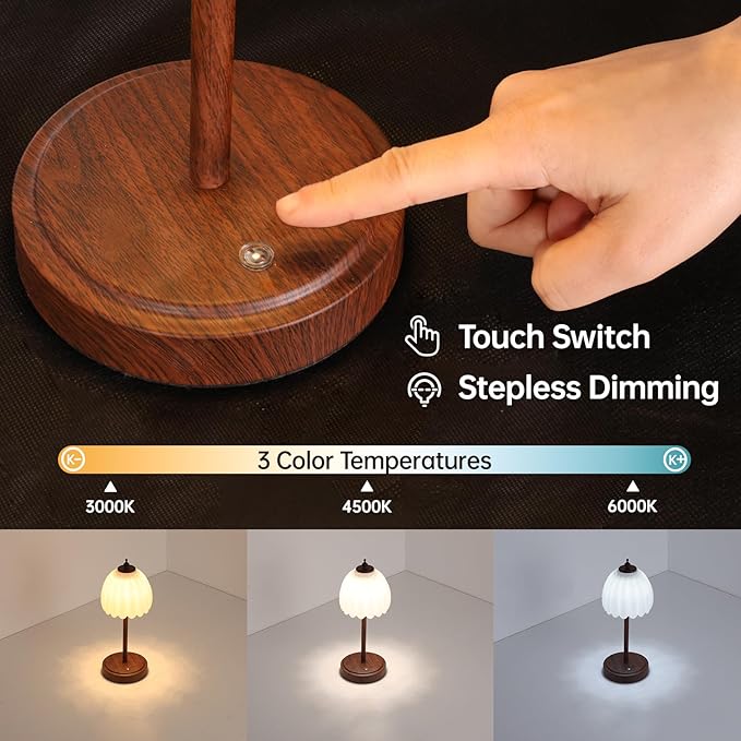 Tulip Table Lamp with 5200mAh Battery & Touch Control, Small Cordless Table Lamp with 3 Colors, Rechargeable Battery Operated Table Lamps for Bedroom, Desk, Bedside (White-Walnut Color)