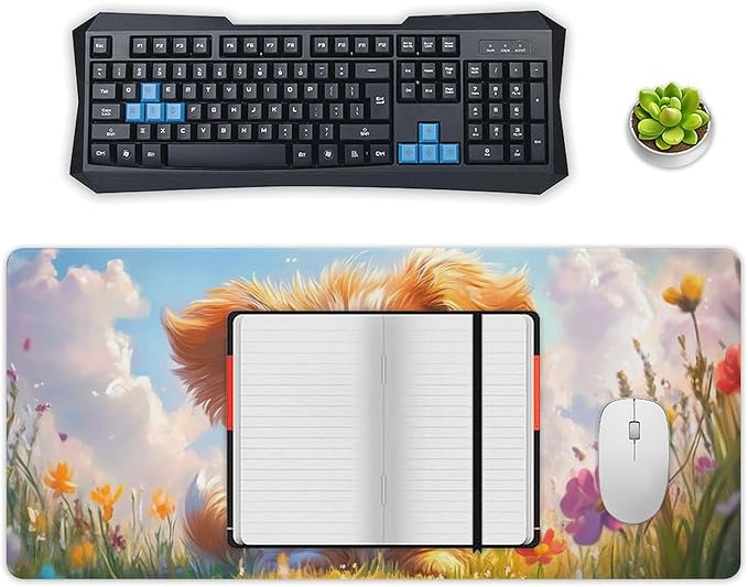 Large Ergonomic Gaming Mouse Pad Charming Fluffy Dog in Bright Meadow - Cute Pet Theme with Non-Slip Base Water-Resistant Surface and Stitched Edges 40x90cm