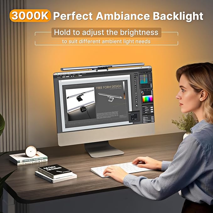 Syrinx Computer Monitor Light Bar with Backlight for Home Office, Eye-Caring USB LED Reading Lamp, Dimmable Screen Monitor Lamp, Smart Motion Sensor, Touch Control, CRI 95+, No Screen Glare for Basic
