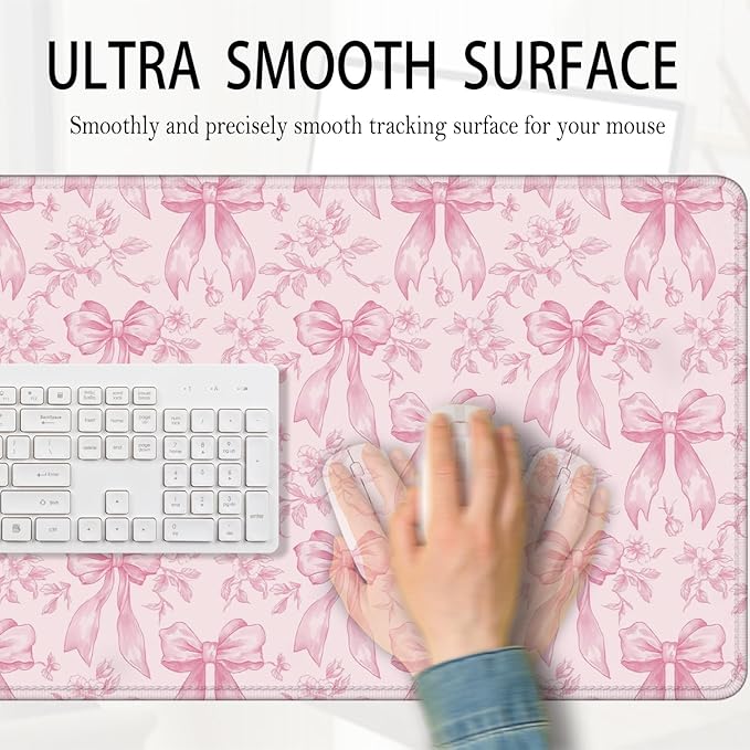 Coquette Pink Floral Large Mouse Pad 31.5x15.7inch, Trendy Girly Pink Bow Peony Flower Aesthetic Large Extended Computer Desk Mat Mousepad for Keyboard and Mouse, Preppy Desk Accessories