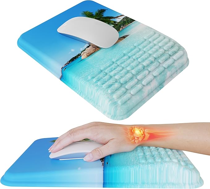 MEKASS Mouse Pad with Wrist Rest, Ergonomic Slope Mousepad for Carpal Tunnel, Memory Foam Desk Computer Wrist Support Mouse Pad with Non-Slip PU Base for Office Home (Beach)