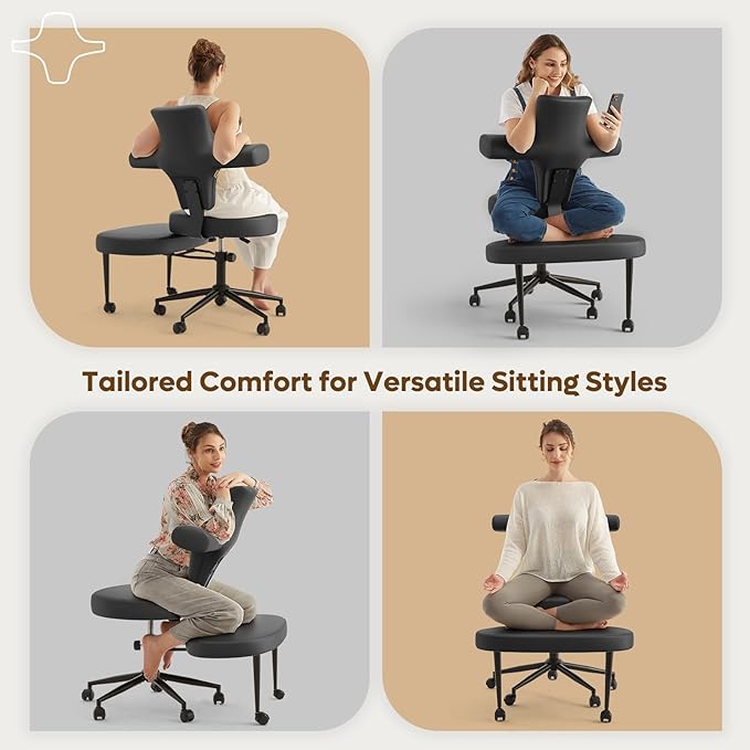 Ergonomic Cross Legged Office Chair Extra Wide for Focus and Meditation, Kneeling Chair with 360° Swivel Wheels and Reversible Seating, Adjustable Height and Seat Depth, PU Leather, Black