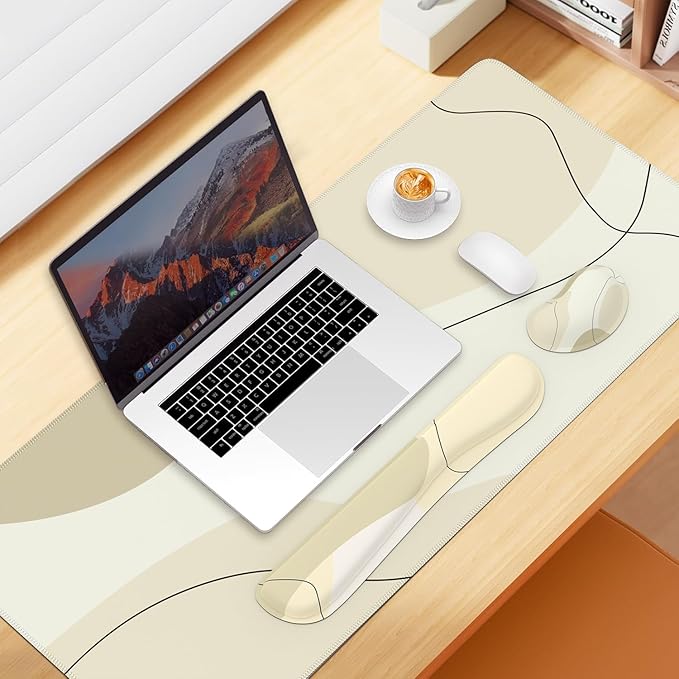 iCasso Extra Large Mouse Pad with Wrist Rest, 3in1 Big Full Desk Mousepad + Keyboard Wrist Rest + Mouse Wrist Rest, Easy Typing & Comfort, Ergonomic XXL Ultra Thick Long Desk Mat (Brown Art)