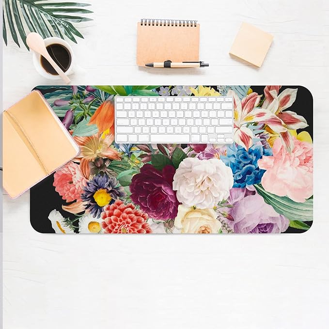 Desk Mat Large Protector Pad 27.5" ×13.8", Non-Slip PU Leather Desk Blotter, Waterproof Mouse Pad for Office Home Bouquet