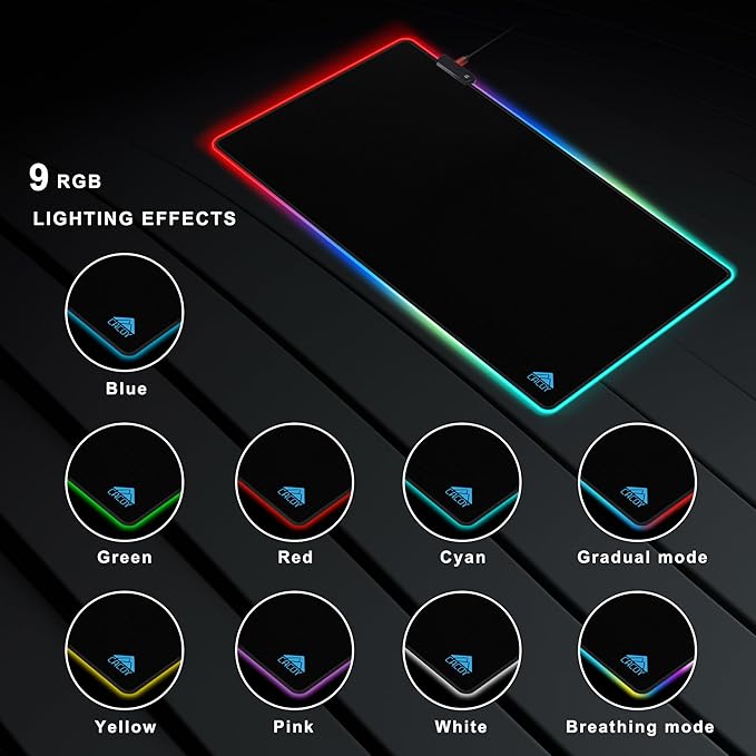 Cacoy 40" x 20" RGB Mouse Pad XXL, Extended Desk Mat with Smooth Surface and 9 Lighting Effects, LED Lighting Desk Pad with Stitched Edges and Non-Slip Rubber Base, Gaming Computer Mouse Mat, Black