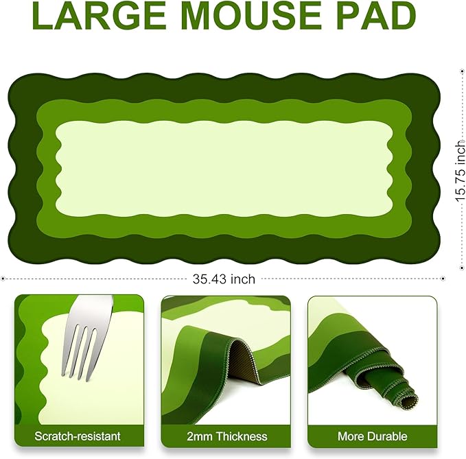 L-SPOUTTO Green Mouse Pad,Cute Desk Mat XXL Large Scalloped Gaming Mousepad,35.4x15.7in Non-Slip Rubber Base Keyboard Pad Waterproof Desktop Mat for Laptop Computer Work Game Home Office-Green