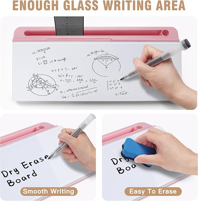 SELEAD Desktop Glass Whiteboard with Organizer & Built-in Mirror - Small Dry Erase White Board Computer Pad Keyboard Stand with Markers, Eraser, Holder for Women - Pink