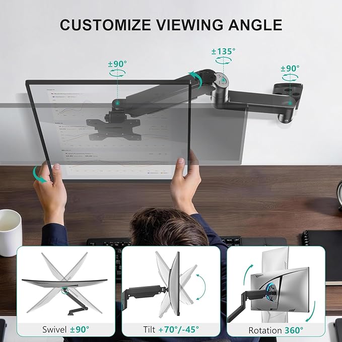 WALI Computer Monitor Wall Mount for 17 to 32 Inch Screens, Single Monitors Mount Holds up to 22lbs, Fully Adjustable Gas Spring Wall Mount Monitor Arm, 75x75/100x100mm VESA Mount (GSWM001), Black