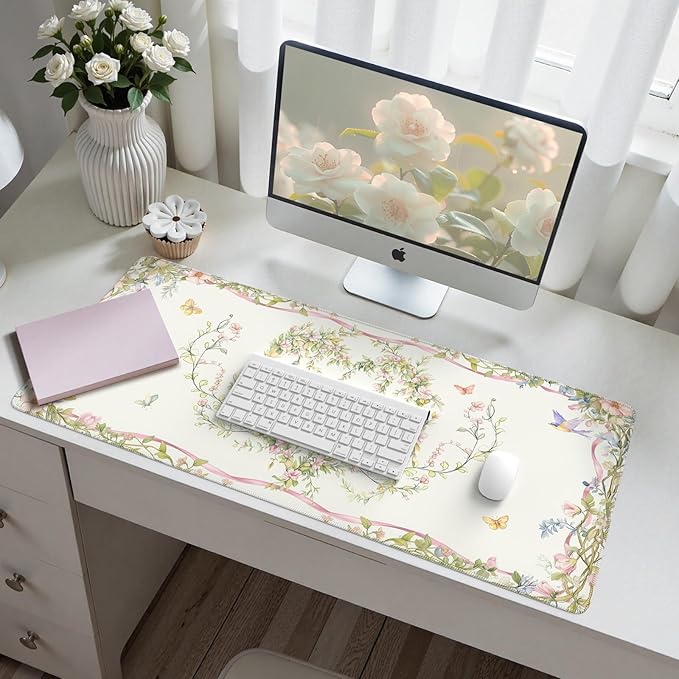 HAOCOO Floral Bow Cute Desk Mat,Sweet Heart Keyboard Mats for Desk, XXL Mouse Pad with Non-Slip Rubber Base, Desk Pad Mat with Stitched Edges, Waterproof Computer Mats for Desktop, Desk Pad Protector